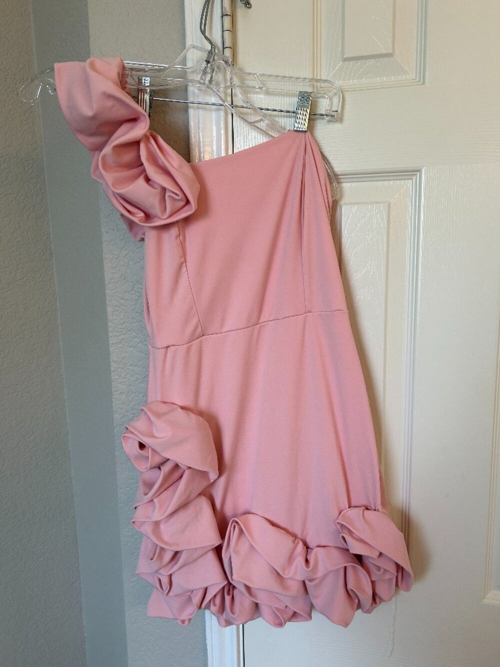 Unbranded One Shoulder Mini Dress with Ruffle Shoulder and Hem - Pink - Medium